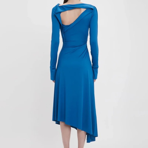 Victoria Beckham Ocean Blue Long Sleeve Draped Jersey Midi Dress - Picture 3 of 5